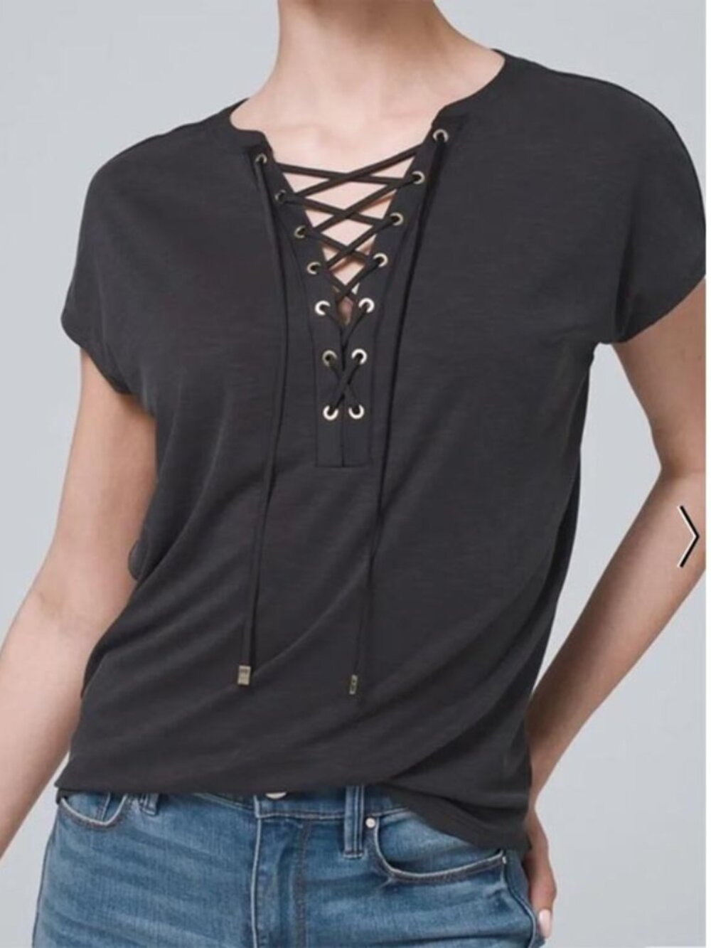 White House Black Market Lace Up Black and Gold Shirt - Women's Size Large